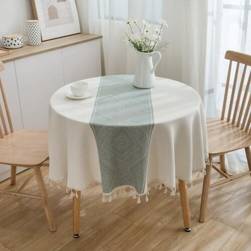 Dustproof Round 150cm Table Cloth Tassel Polyester Cotton Solid Color Geometric Desktop Cover Home Decoration for Hotel Party