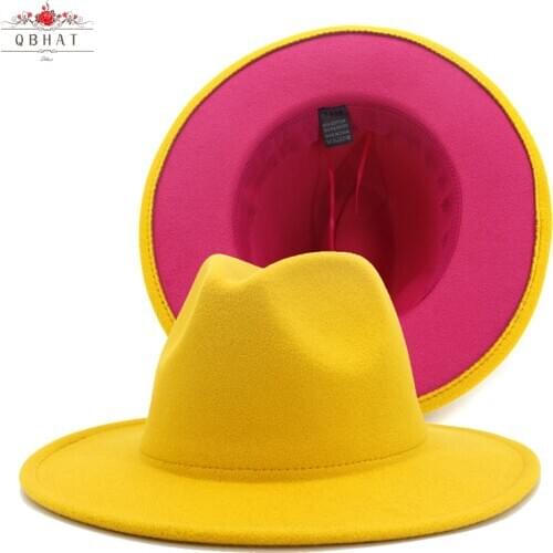 QBHAT Outer Yellow Inner Hot Pink Patchwork Jazz Felt Hat Women Men Wide Brim Panama Fedora Hats with Felt Band Trilby Cap