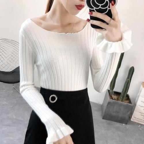 QRWR 2020 Sweater Women Autumn Korean Fashion Sexy Slash Neck Knitted Pullovers Elegant Slim Fit Flare Sleeve Women