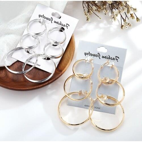 Ej62051 hanzhishang Earrings punk exaggerated personality smooth circle 3 pair Earring Set