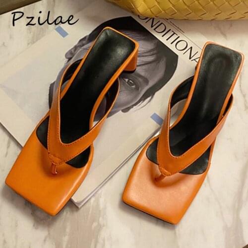 Pzilae 2020 women outdoor shoes summer slip on flip flops ladies shoes med heel slides mules shoes women orange silver