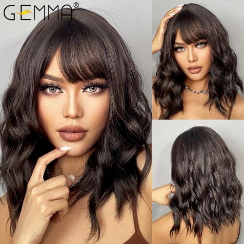 GEMMA Medium Wavy Dark Brown Bob Synthetic Wigs with Bangs Natural Cosplay Heat Resistant Hair for Black Women African American