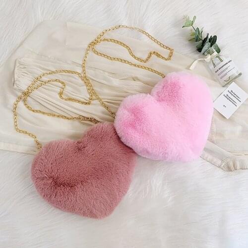 Love Heart Shaped Messenger Bag Women Girl Plush Soft Chain Money Purse Handbag Autumn Winter Small Shoulder Mobile Phone Pouch