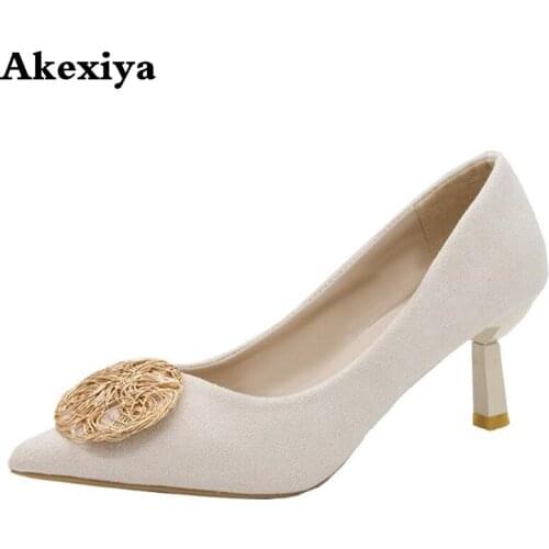 Women Pumps High heels Lady Suede leather Crystal Square Buckle Thick with Autumn Pointed Single Shoes Wedding Female Sandals