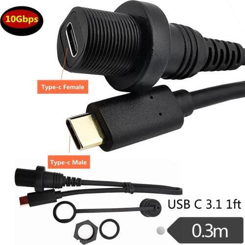 USB 3.1 Type-C Male to Female Aux Motorcycle Dashboard Flush Panel Mount Extension Waterproof Cable for Car Truck Boat 30cm