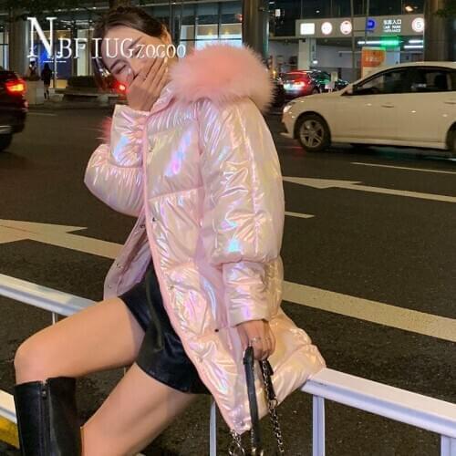 Laser Parkas Women Glossy Long Style 2020 Winter New Korean Fashion Female Jacket