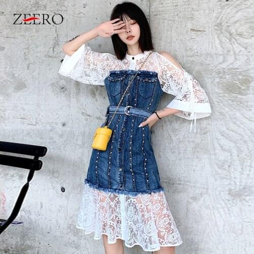 Women Denim Dress Summer Vintage Festa High Quality Elegant Cocktail Party Robe Femme Lace Designer Casual Vestidos Feminino