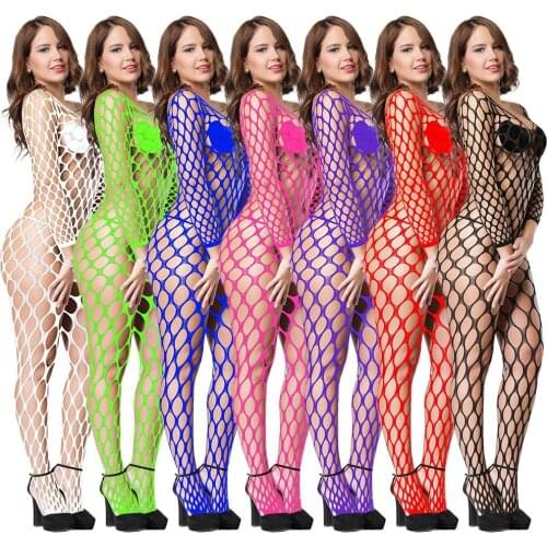 Ladies Sexy Lingerie Long Sleeves Big Mesh Holes One-piece Fishnet Stockings Open Crotch See-through Full-body Socks Fishnet