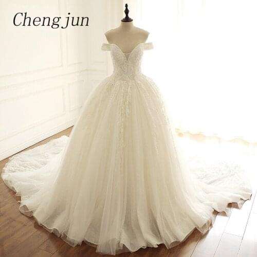 Chengjun Elegant Big Train Appliques Ball Gown Off Shoulder Wedding Dresses