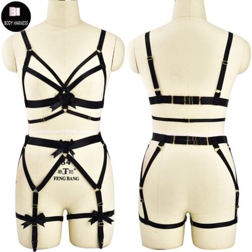 Black Gothic Body Harness Set Fetish Cage Bra Goth Garter Wedding Rave Pole Dance Harness Bra Stocking Leg Bondage Cage