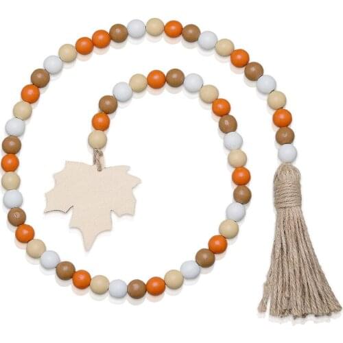 Thanksgiving Halloween Maple Leaf Pumpkin Wooden Beads Hemp Rope Tassel Beaded Wall Hanging Decoration