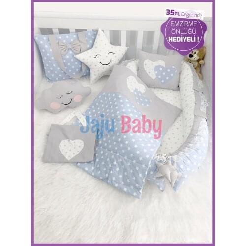 Jaju Baby Handmade, Blue Star Orthopedic Lux Babynest Baby Bed Set and Nursing Apron GIFT