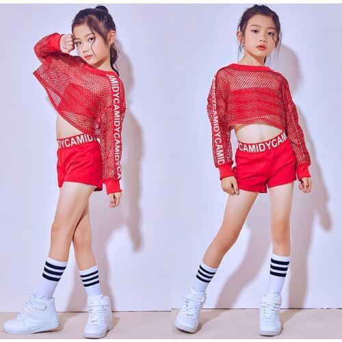 Children Red Jazz Dance Costumes Girls Glitter Fishnet Cover Top Stretch Shorts Dance Sets Hip Hop Modern Party Stage Outfits
