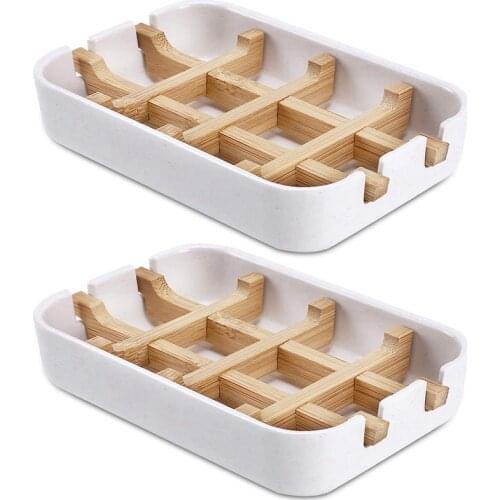 Two Pack Bamboo Soap Dishes for Bathroom Bar Soap Holder Shower Soap Holder Sink Deck Bathtub (Two Pieces White)