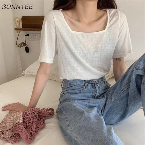 T-shirts Women Korean Sweet Girls Simple Square Collar Elegant Office Daily All-match Inside Female Tops Trendy Solid Color Chic