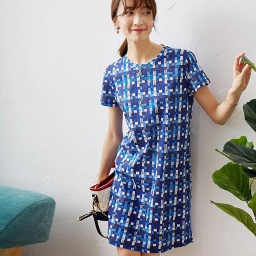 Cotton mercerized New plaid T shirt round neck short sleeve casual dress women s summer dress 2021