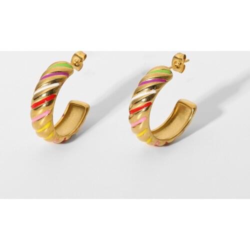 Colorful Dripping Oil Croissant C Shape Hoop Earrings For Women 18K Gold Plated Stainless Steel Earrings Waterproof