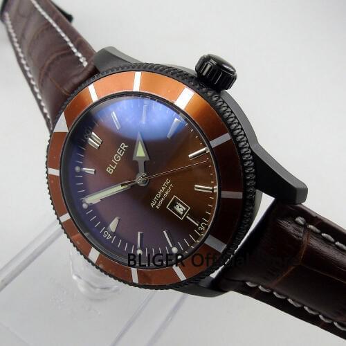 Classic Bliger 46mm brown dial brown turning bezel black PVD Coated Case Luminous Pointer Automatic Movement Mens Watch B99