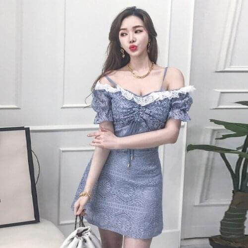New arrival fashion korean style lace mini dress women elegant summer sexy strap temperament office lady fresh blue a-line dress