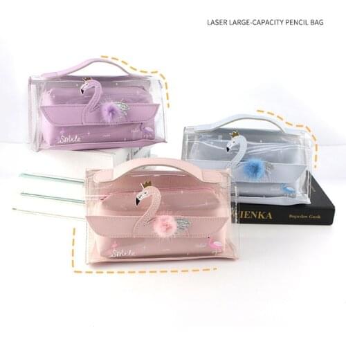 Transparent Girl Pencil Case PVC Large Capacity Pencil Bag With Handle Makeup Case Pen Holder Box Pencil Pouch Stationery