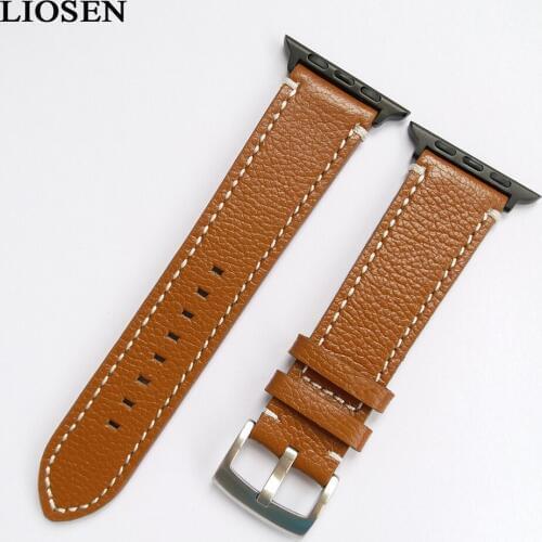 LIOSEN Genuine Leather Watch Strap for Apple Watch Vintage Style Stainless Steel Buckle Watch Band 38mm 42mm Black Light Brown