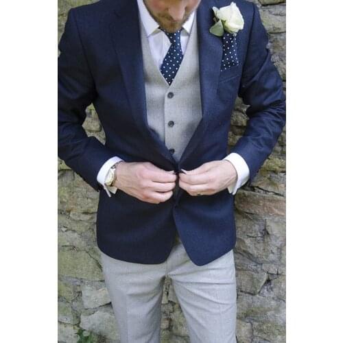 Grey Vest Pant Dark Blue Jacket Costume Groom Tuxedos Men Suits Wedding Prom Dinner Best Man Blazer (Jacket+Pants+Tie+Vest)