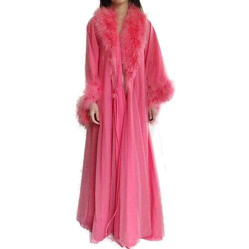Chic Feather Evening Dresses Womens Sexy Robes Illusion Fur Trim Boudoir Robe Nightgown Bathrobe Bridal Lingerie Custom Made