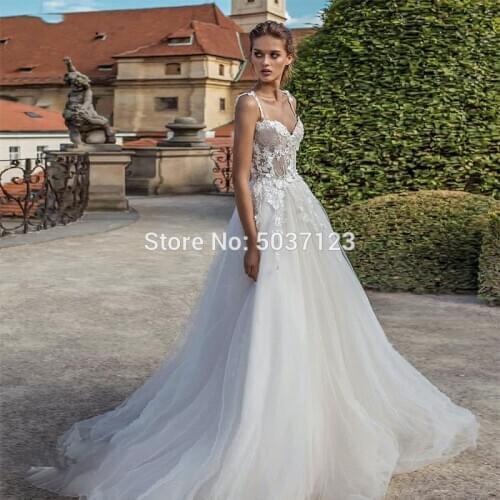 A Line Wedding Dresses Sweetheart Spaghetti Straps Lace Appliques Bridal Gown Zipper Sleeveless Court Train Vestidos De Noiva