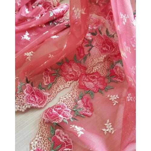 Gorgeous Tulle Lace Trim Peachy Red Flowers Floral Embroidered Scalloped Lace 11.8 Inches Wide High Quality By The Yard