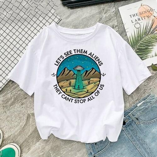 UFO Alien Designed New Arrival Womens White T-shirt Fashion Creative Printed T Shirt Summer Casual Short-sleeved Female Tshirt