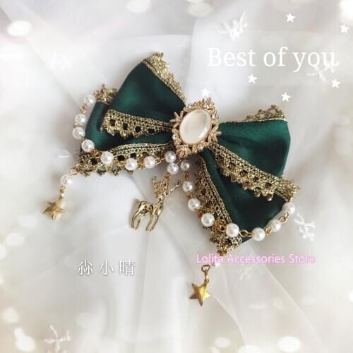 Retro Palace Style Dark Green Hairpin Side Clip Soft Girl Cosplay Headwear Gorgeous Princess Pearl Chain Hair Accessories Lolita