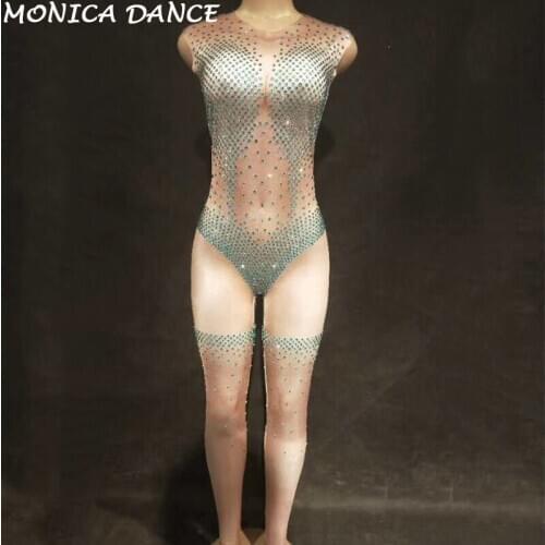 Women Sexy Stage Jumpsuit Sleeveless Sparkling Crystals Costumes for Singer Dancer Stage Wear Bodysuit Nightclub Party Costumes