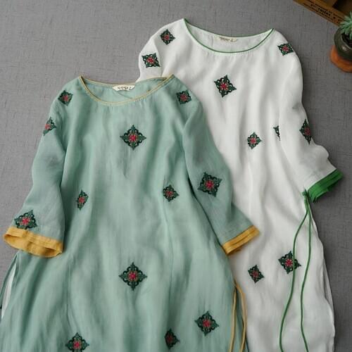 Color thread embroidered ramie five point sleeve dress womens dress with long slit on both sides dress