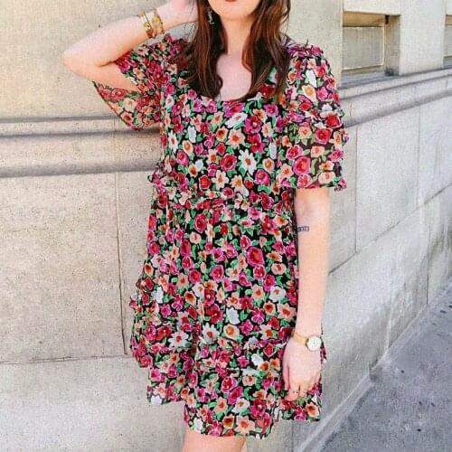 Daisy Silk Mini Dress Women Casual Short Sleeve Open Back Sexy Dresses Summer Vintage Floral Printed Short Dress 2021