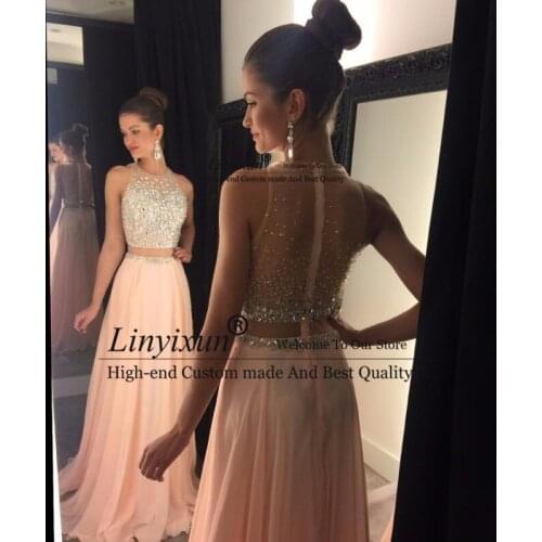 Pink Prom Dress 2020 Crystal Beaded Top Tulle Elegant Long Prom Gown See Through Back Sweep Train Chiffon Evening Gown