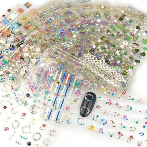 1Pcs 3D Nail Sticker Colorful Glitter Flower Geometry New Slider for Manicure Decoration Tips Nail Art Adhesive Decals