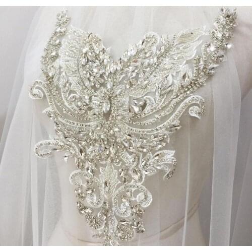 1 pc Deluxe Rhinestone Bead Bridal Bodice Applique in Silver,Clear Crystal Applique for Wedding Gown Bridal Dress Haute Couture