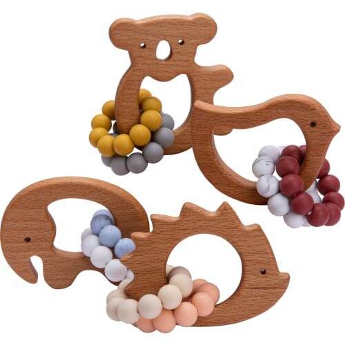 4 pcs/set Wooden Baby Teether Bracelet Ring Food Grade Silicone Beads Nursing Baby Bracelet Baby Rattles Gift for Newborn