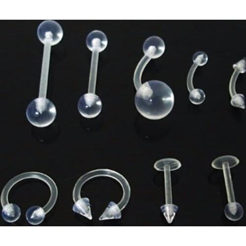 9Pcs/Set Newest transparent Nose Ring Body Piercing Stud Screw BioFlex Nose with Bezel Set Gem UV Acrylic Body Jewelry #260111