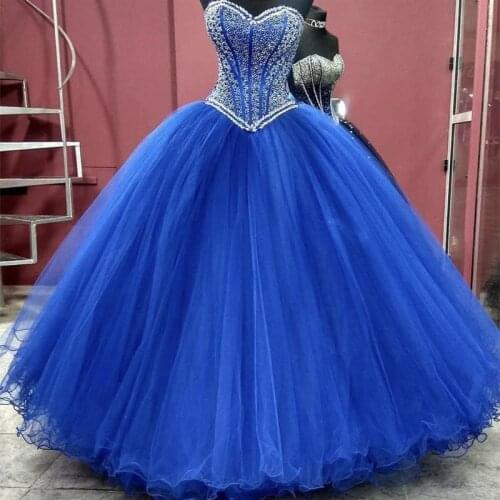 Princess Ball Gown Royal Blue Quinceanera Dress 2021 Sweet 16 Dresses Beaded Sequins Strapless Neck Debutante Gowns Plus Size