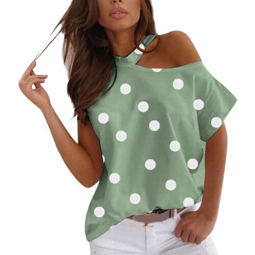 DOT Print Funny Print Blouse And Tops Women Cotton Short Sleeve Female Tunic Shirts Fashion Irregular Skew Cross Bandage