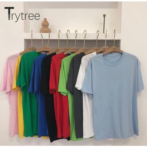 Trytree Summer Casual Women Solid 10 colors T-Shirt Female Top Cotton Polyester tshirt All-Purpose Style Women dropshipping