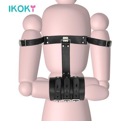 IKOKY Adjustable Bondage Restraints Accessories Arms Behind Back Binder PU Leather Wrist Cuffs Handcuffs Sex Toys For Couples