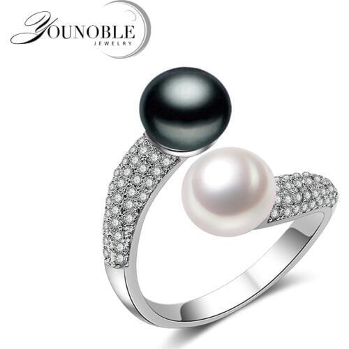 Real 925 Sterling Silver Double Pearl Rings Women,daughter gift bridal black pearl ring