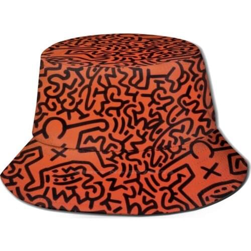 Red Dancing Figures Barking Dog Design Flat Top Breathable Bucket Hats Haring Q Pride Pride Aids Doodle Colorful Minimal