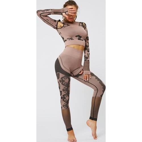 Fashion Set Women Seamless Camouflage Long Sleeve Tops High Waist Leggings Fitness Sport GYM Camo Suits Tight Workout Pants