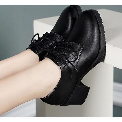 Black Beige Chunky High Heels Oxford Shoes For Women 2020 New Lace Up Women Pumps Vintage Round Toe Ladies Oxfords Brogues Shoes