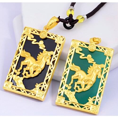 Luxury 18K Yellow Gold Horse Pendant For Men Vietnam Sand Gold Green Agate Male Pendant Wedding Engagement Fine Jewelry Gifts