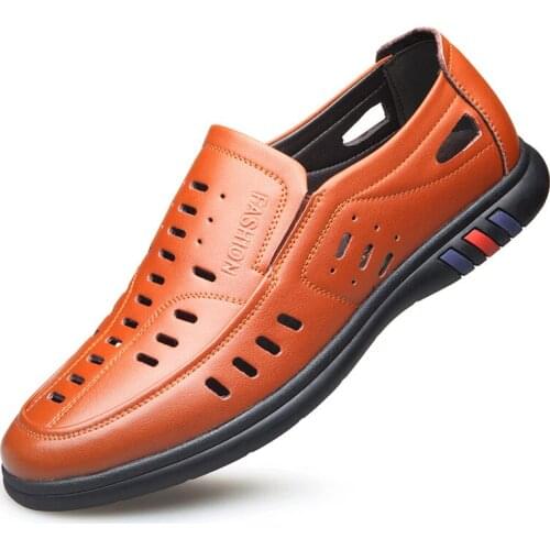 Men Casual Shoes Sandals Flat Fashion Leather Loafers Shallow Outdoor Summer Hollow Out Male Non-Slip Breathable Work Office