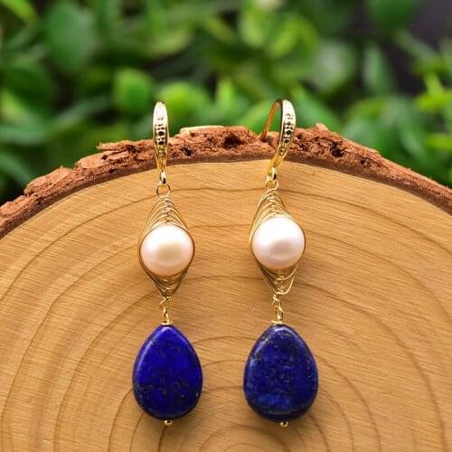 Handmade Natural Fresh Water Pearls Lapis Lazuli Drop Dangle Hook Earrings For Women Girls Vintage Jewelry Wedding Party Gifts